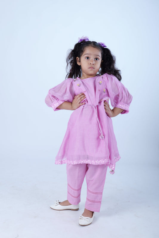 Light Pink Hand Embroidered Chanderi Mulmul Kurta with Pants