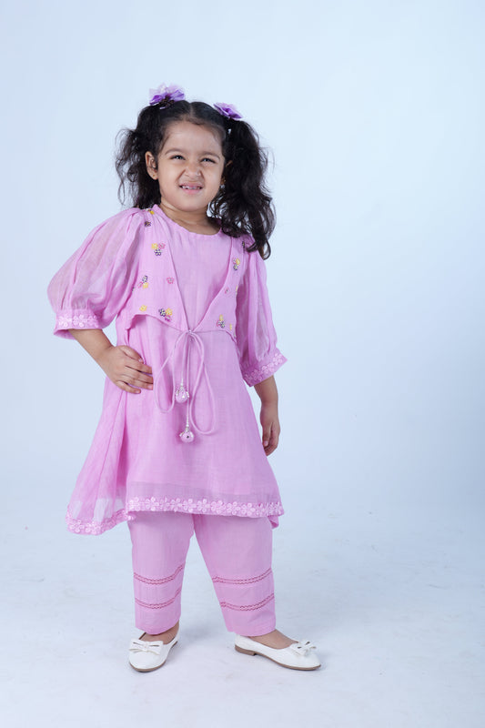 Light Pink Hand Embroidered Chanderi Mulmul Kurta with Pants