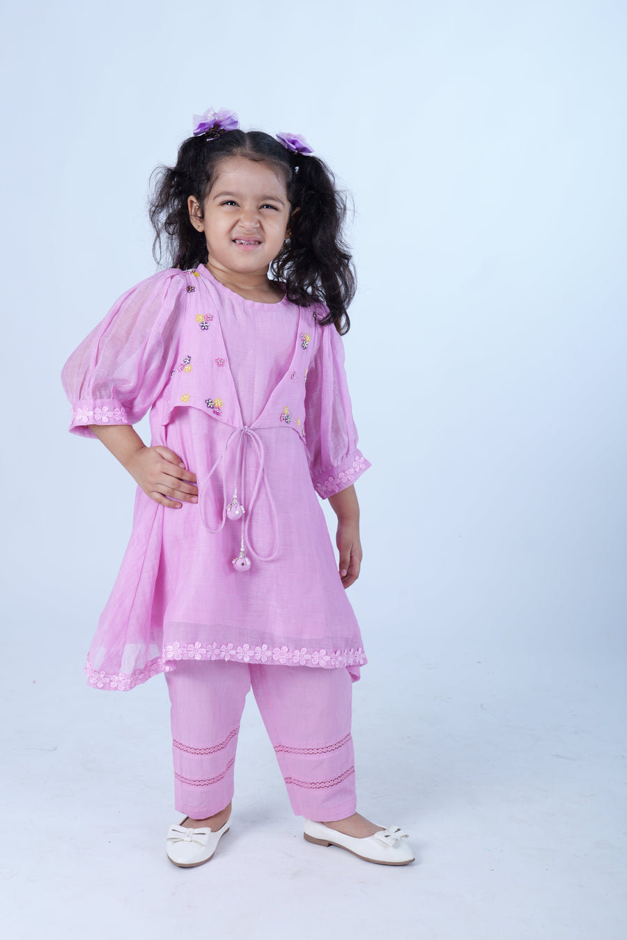 Light Pink Hand Embroidered Chanderi Mulmul Kurta with Pants