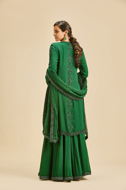 Bottle Green Velvet Applique Sharara Set