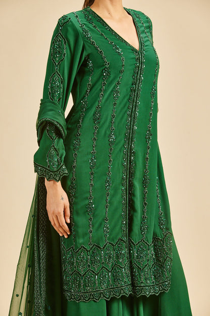 Bottle Green Velvet Applique Sharara Set
