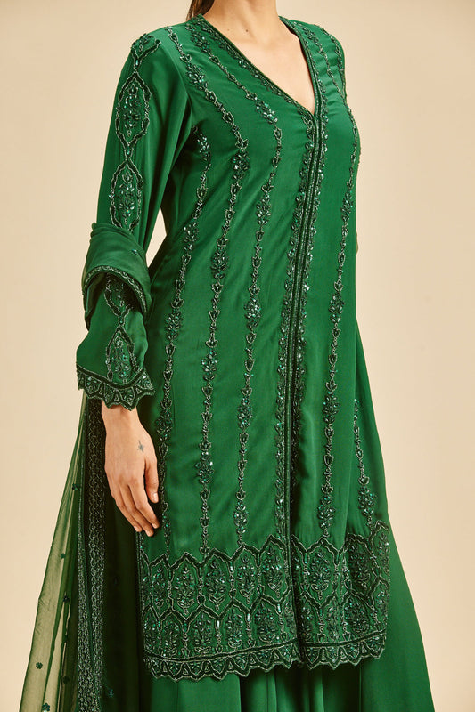 Bottle Green Velvet Applique Sharara Set