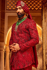 Purchase High-Quality Deep Red Chanderi Silk Asymmetrical Sherwani