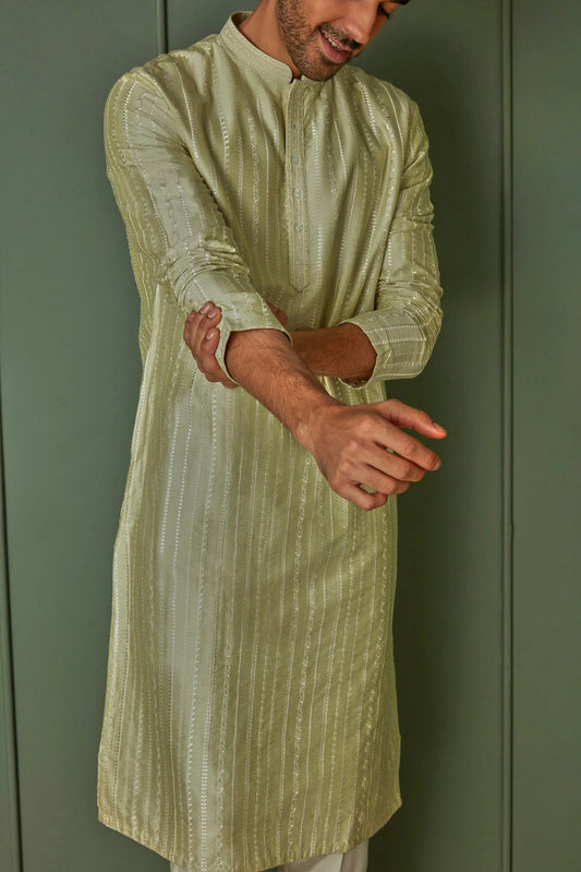 Purchase Lime Striped Resham Fusion Tussar Silk Kurta Online
