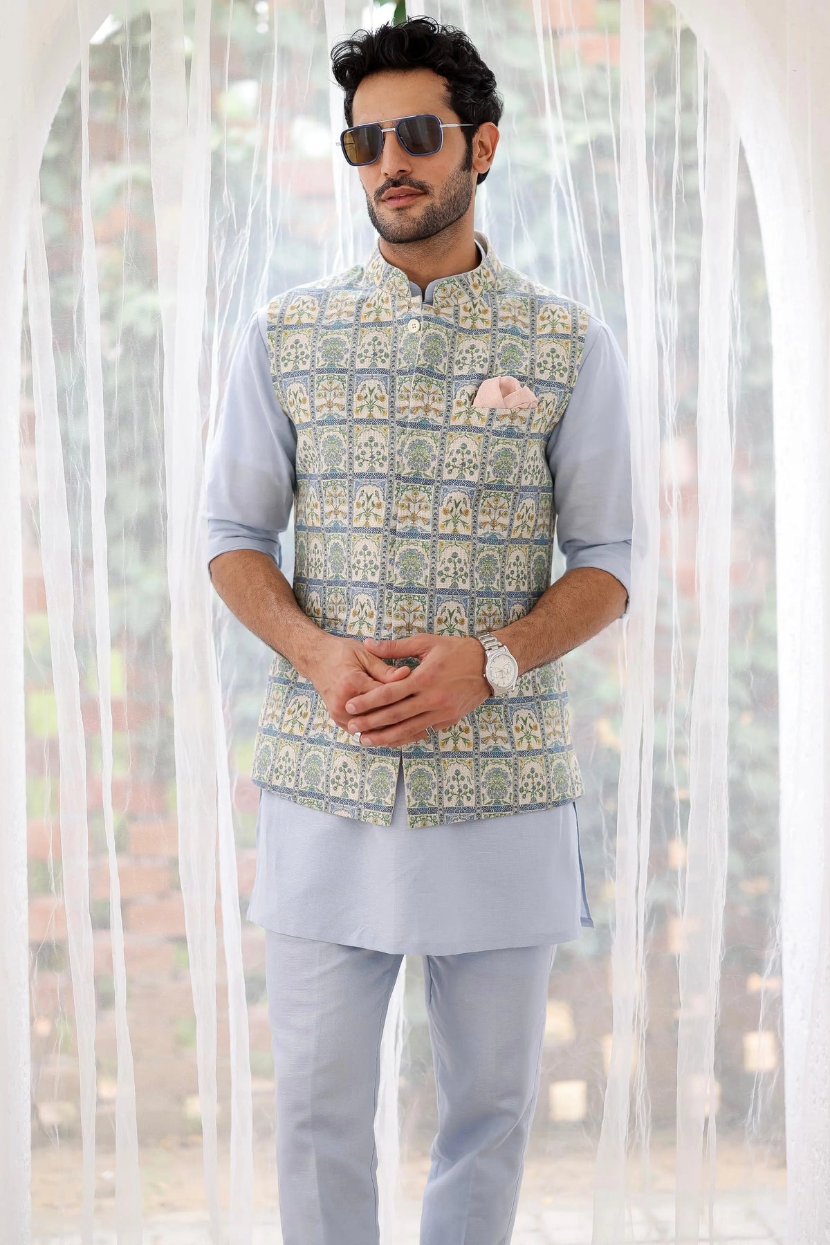 Purchase Sky Blue Floral Printed Kurta Bundi Set Online at Best Price
