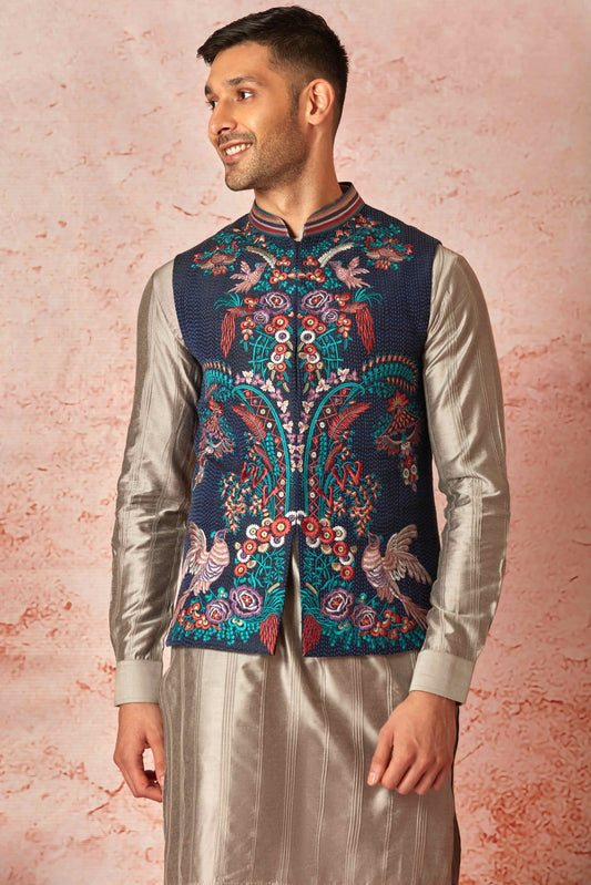 Purchase the Best Brand: Grey Silk Kurta Bundi Set