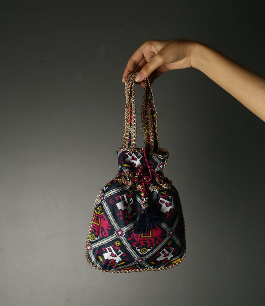 Women's Midnight Blue Patola Print Potli Bag