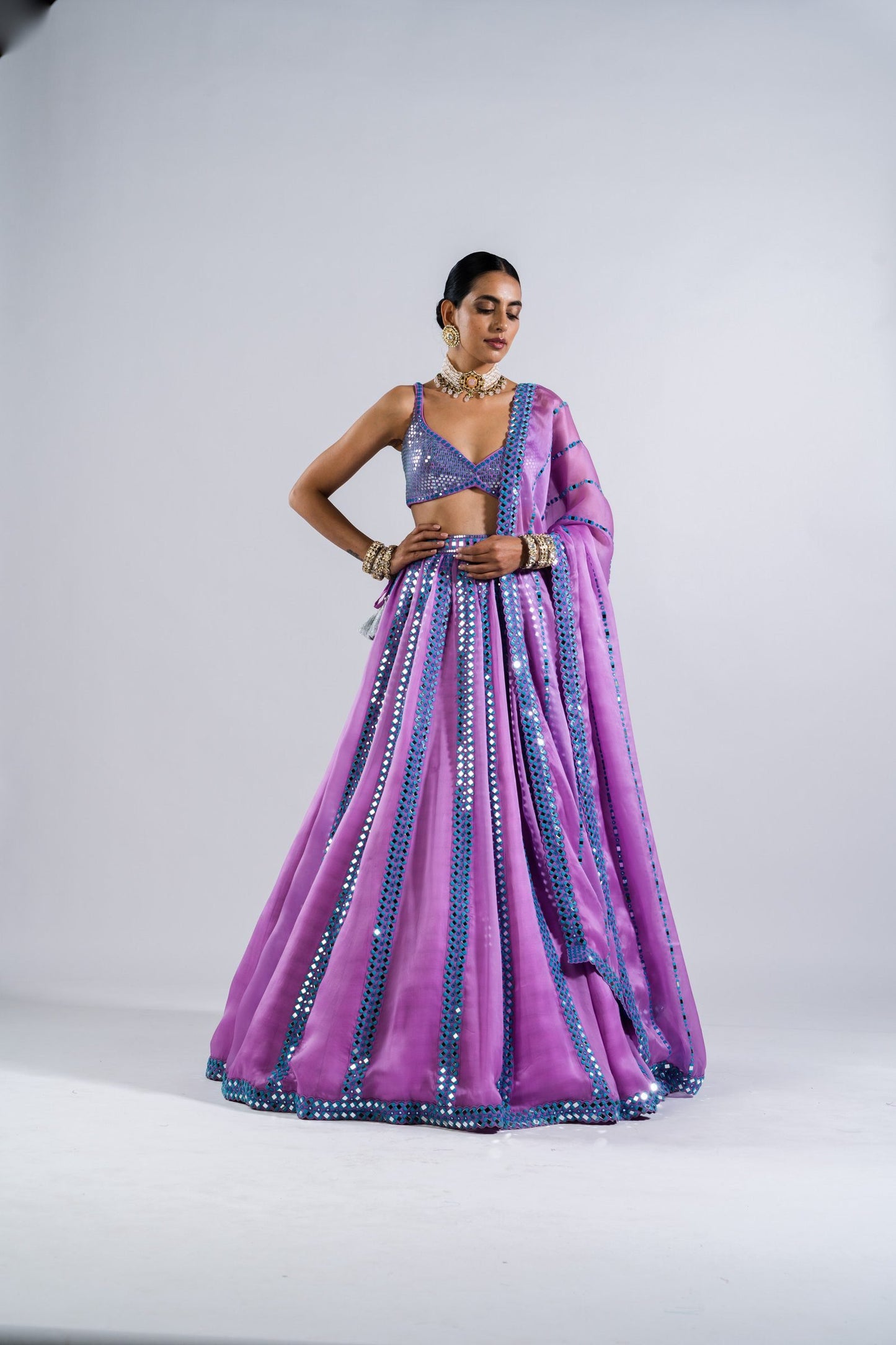 Mauve Mirror Seam Lehenga Set With Metallic Blouse