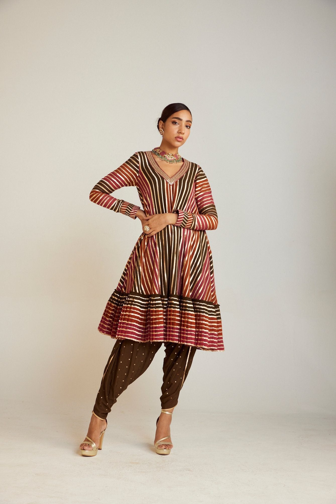 Olive Green V Neck A Line Dhoti Kurta Set
