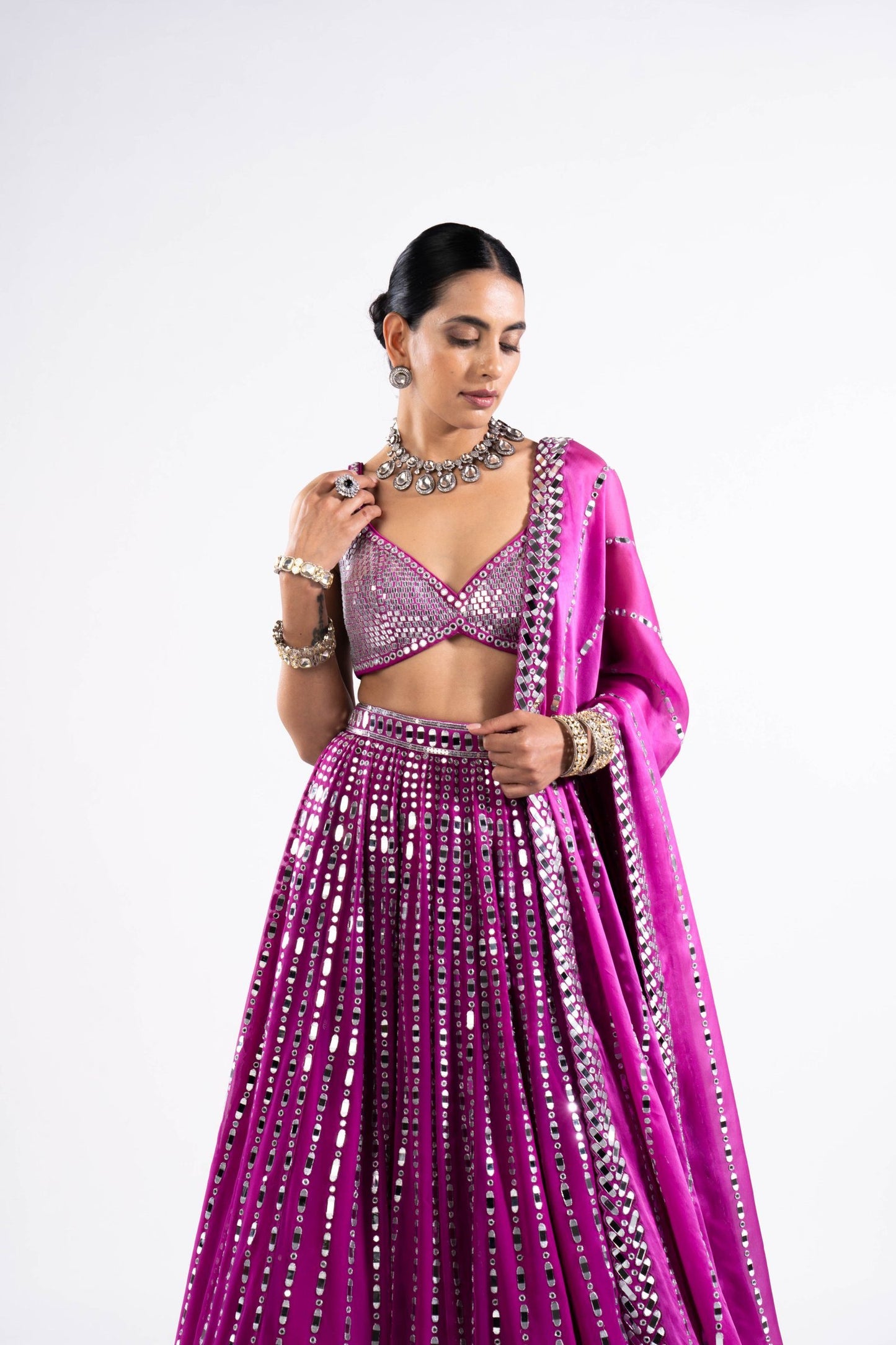 Pop Wine Linear Drop Lehenga With Metallic Blouse