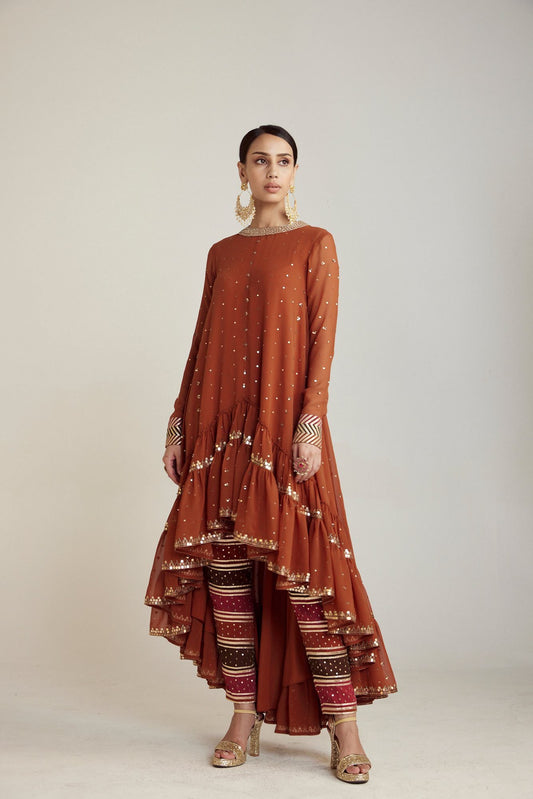 Rust Asymmetrical Kurta Pant Set