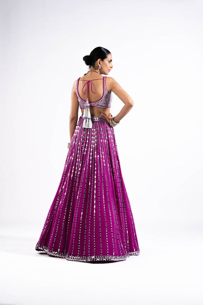 Pop Wine Linear Drop Lehenga With Metallic Blouse