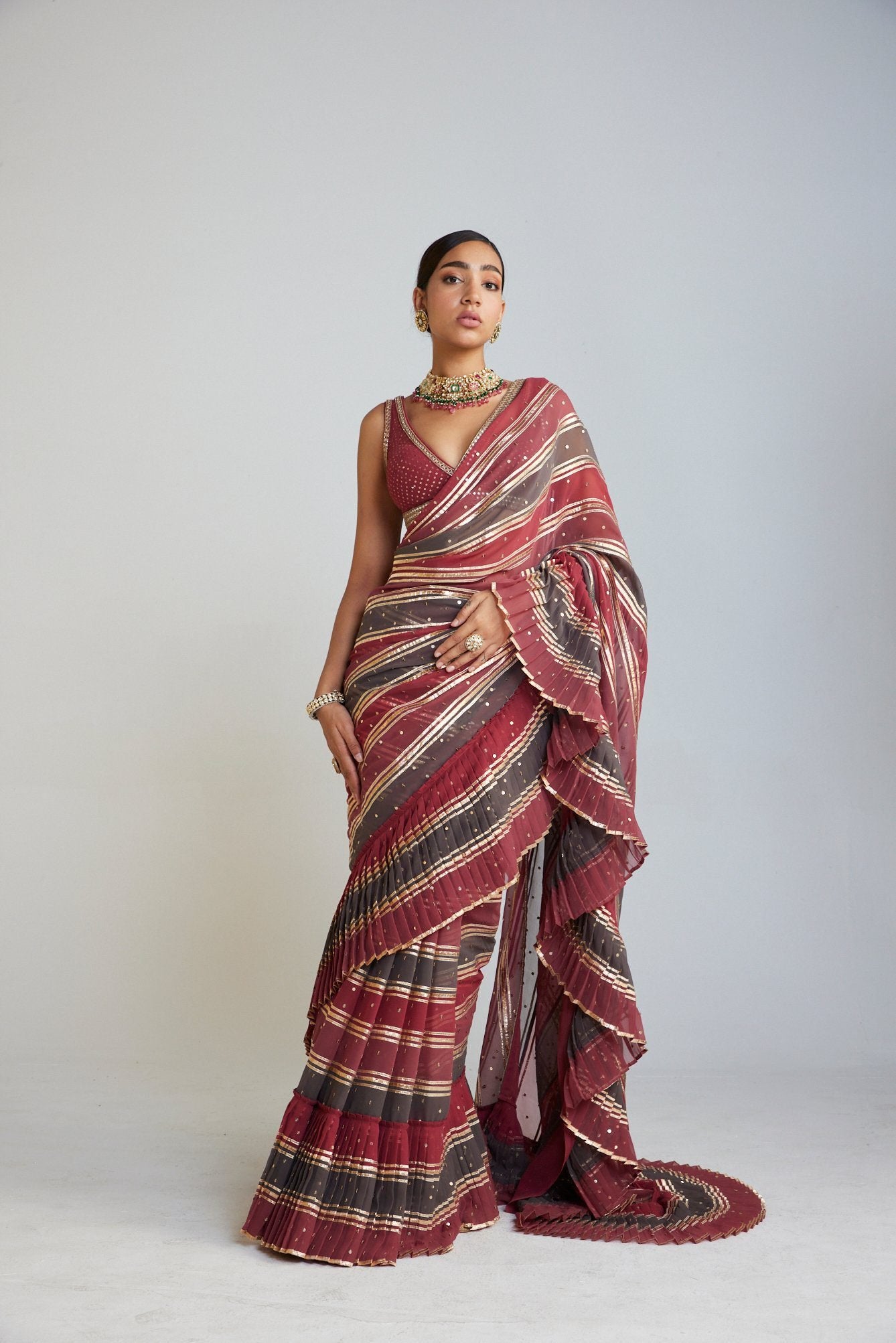 Pre Draped Charcoal Grey Multicolor Saree Set