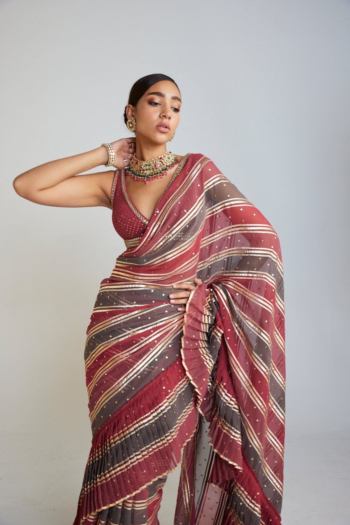 Pre Draped Charcoal Grey Multicolor Saree Set