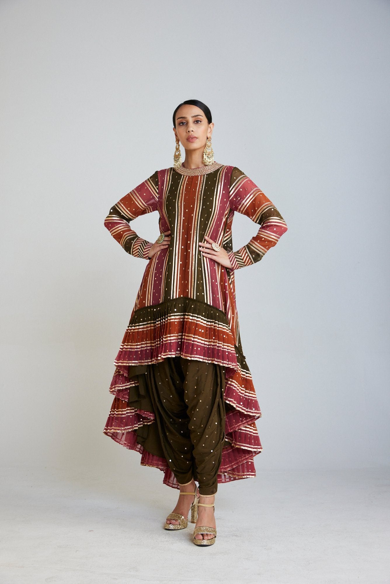 Olive Green Round Neck Asymmetrical Kurta Set
