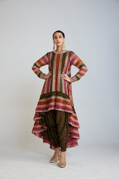 Olive Green Round Neck Asymmetrical Kurta Set