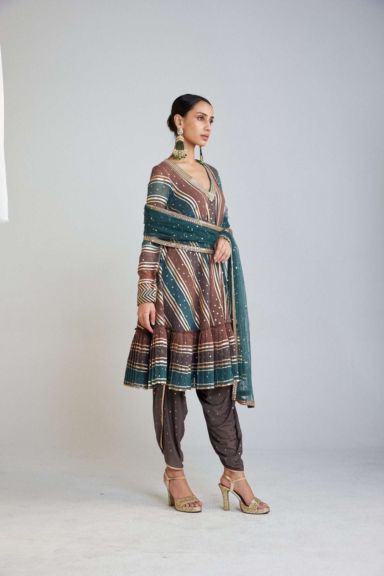 Mud Green V Neck A Line Dhoti Kurta Set