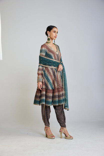 Mud Green V Neck A Line Dhoti Kurta Set