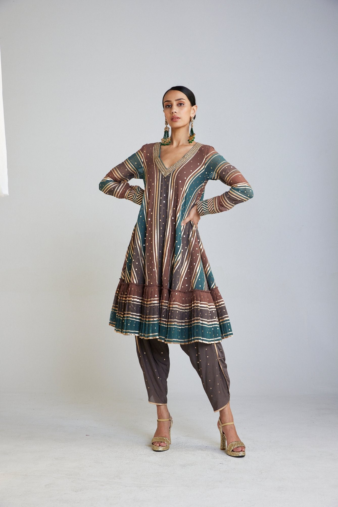 Mud Green Cheeta A line Dhoti Kurta Set