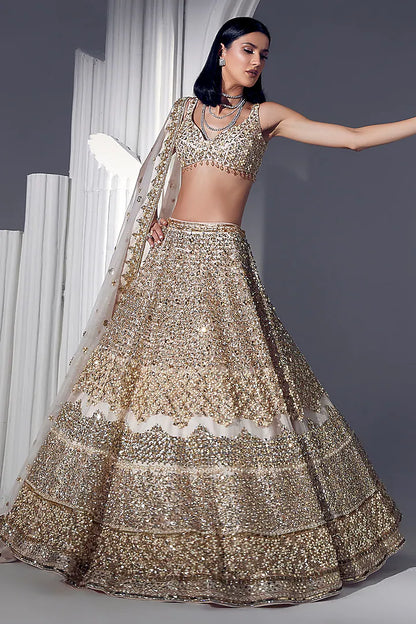 Powder peach net pearl & sequins embroidered lehenga set