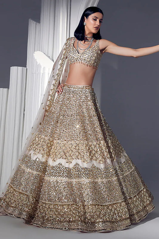 Powder peach net pearl & sequins embroidered lehenga set
