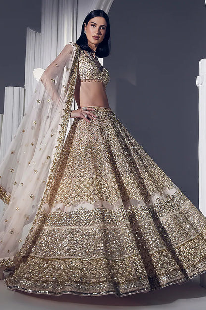 Powder peach net pearl & sequins embroidered lehenga set