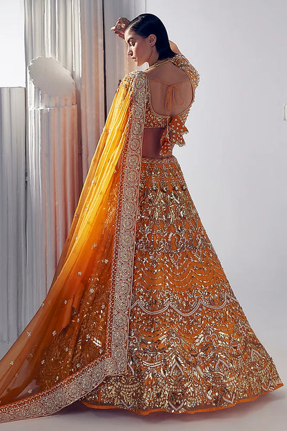 Sunset orange net pearl & sequins embroidered lehenga set