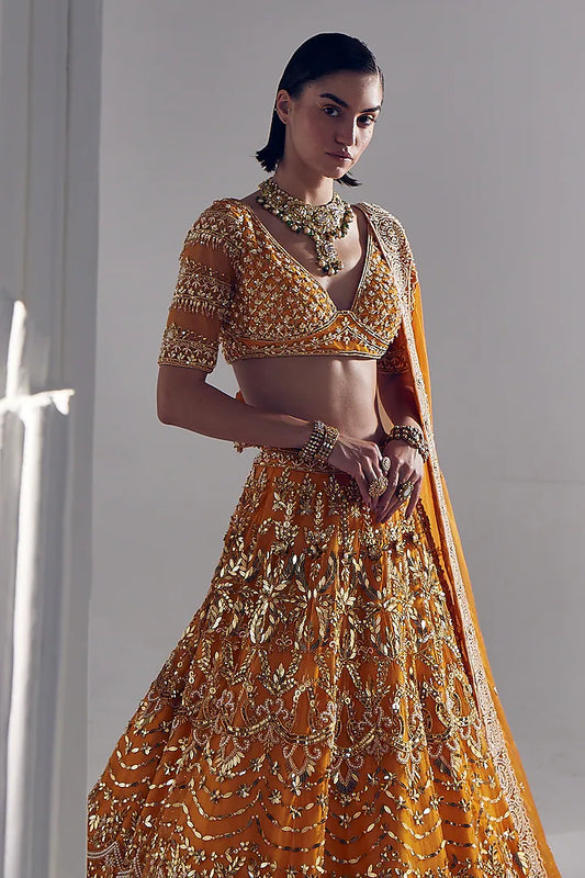 Sunset orange net pearl & sequins embroidered lehenga set