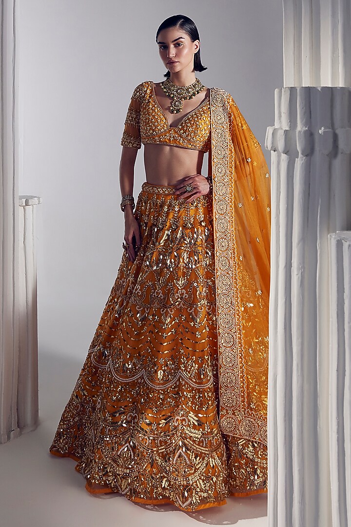 Sunset orange net pearl & sequins embroidered lehenga set