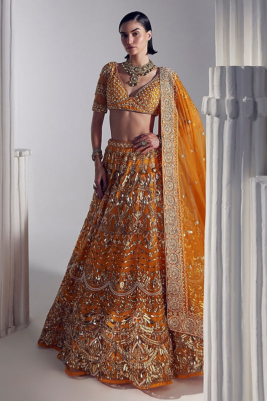 Sunset orange net pearl & sequins embroidered lehenga set