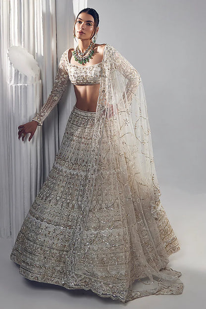 Ivory net thread embroidered lehenga set