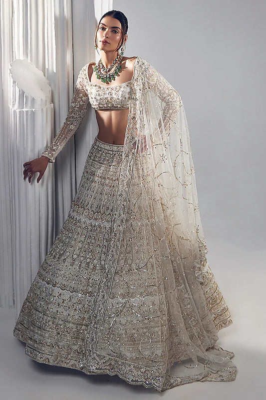 Ivory net thread embroidered lehenga set