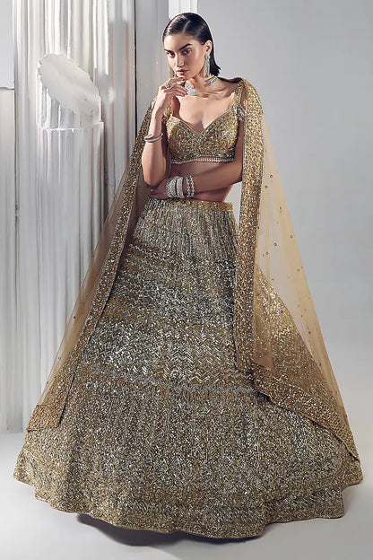 Gold net & silk embroidered lehenga set