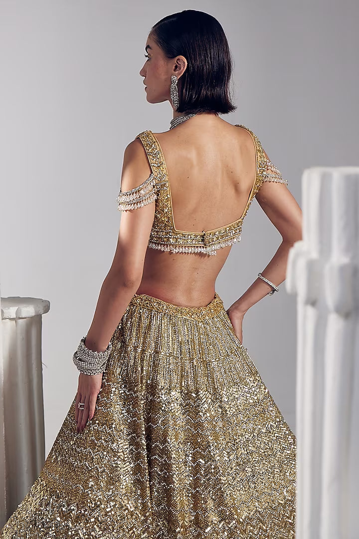 Gold net & silk embroidered lehenga set