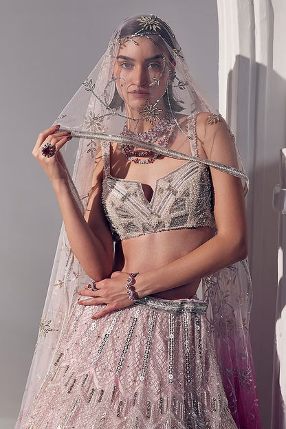 Powder pink net pearl & sequins embroidered lehenga set