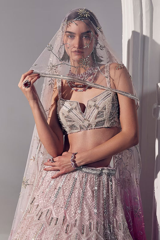 Powder pink net pearl & sequins embroidered lehenga set