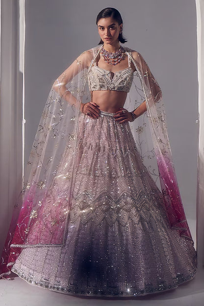 Powder pink net pearl & sequins embroidered lehenga set