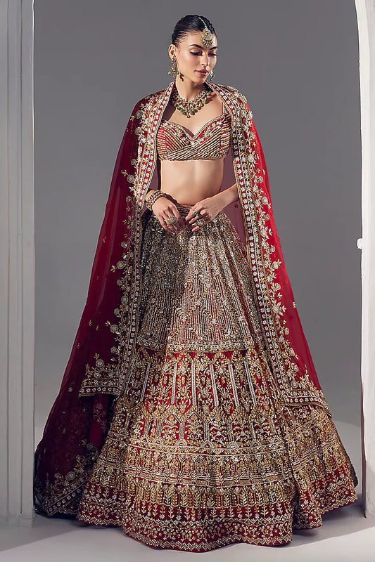 Red net pearl & sequins embroidered lehenga set
