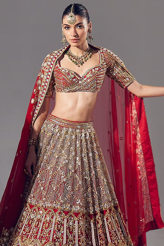 Red net pearl & sequins embroidered lehenga set