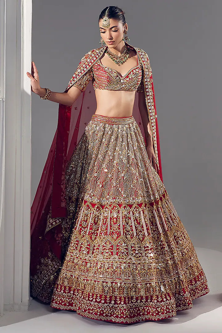 Red net pearl & sequins embroidered lehenga set