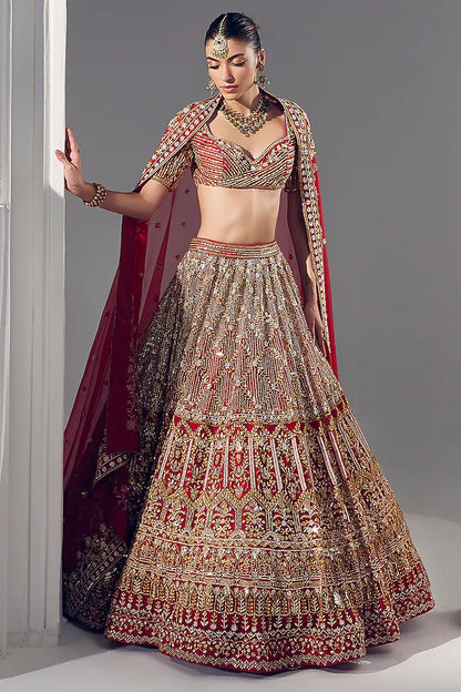 Red net pearl & sequins embroidered lehenga set