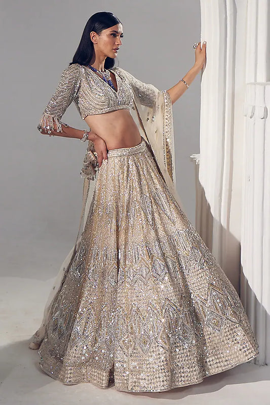 Ivory Net & Silk Embroidered Lehenga Set