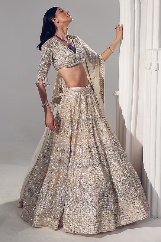Ivory Net & Silk Embroidered Lehenga Set