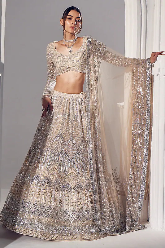Ivory net & silk embroidered lehenga set
