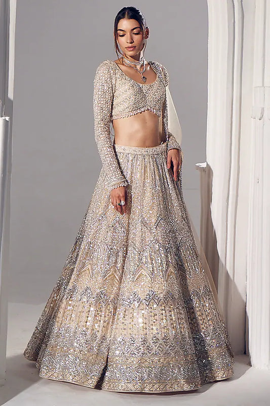 Ivory net & silk embroidered lehenga set
