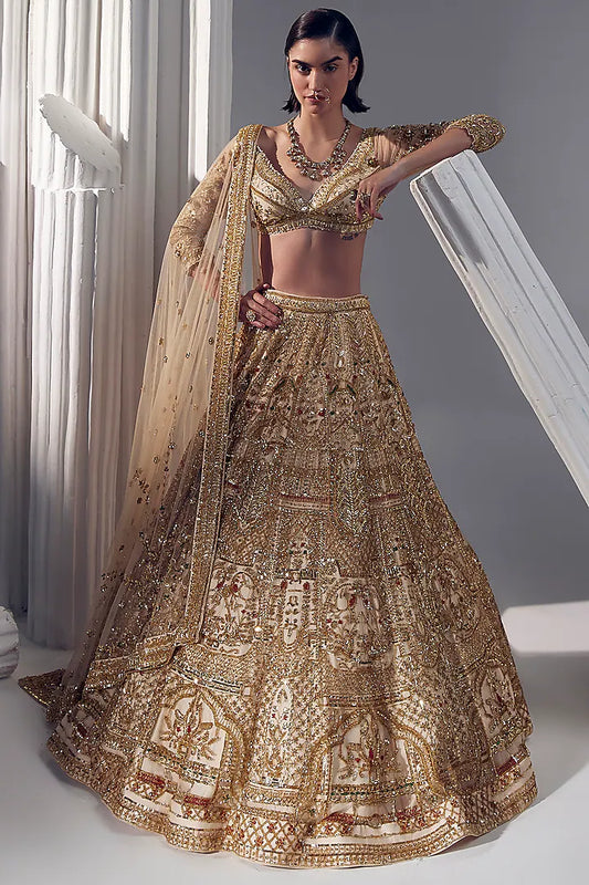 Light gold net & silk embroidered lehenga set