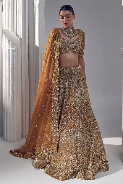 Dark gold net & silk embroidered lehenga set