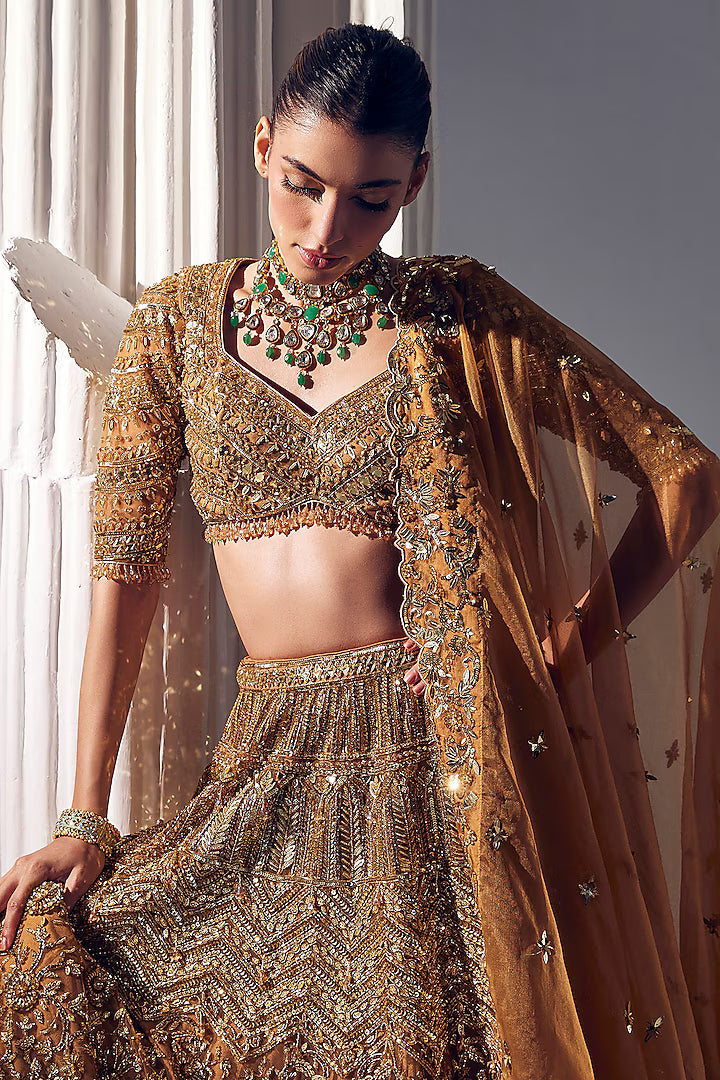 Dark gold net & silk embroidered lehenga set
