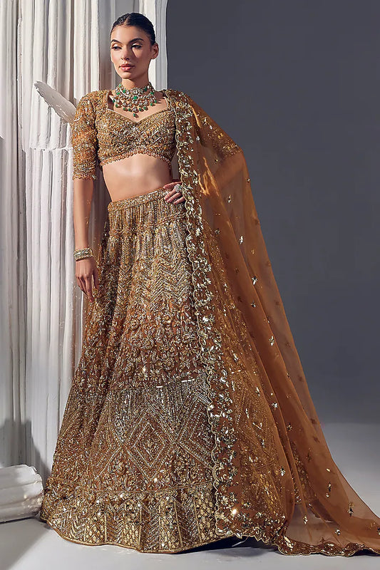 Dark gold net & silk embroidered lehenga set