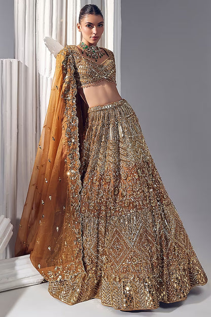 Dark gold net & silk embroidered lehenga set